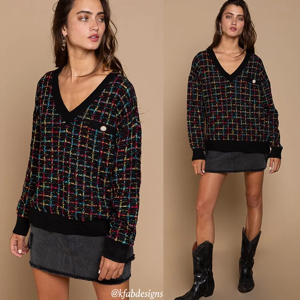 POL! LAST! Stunning On Trend Black w/Multicolor Tweed Front/Back V Neck Sweater - Picture 2 of 7